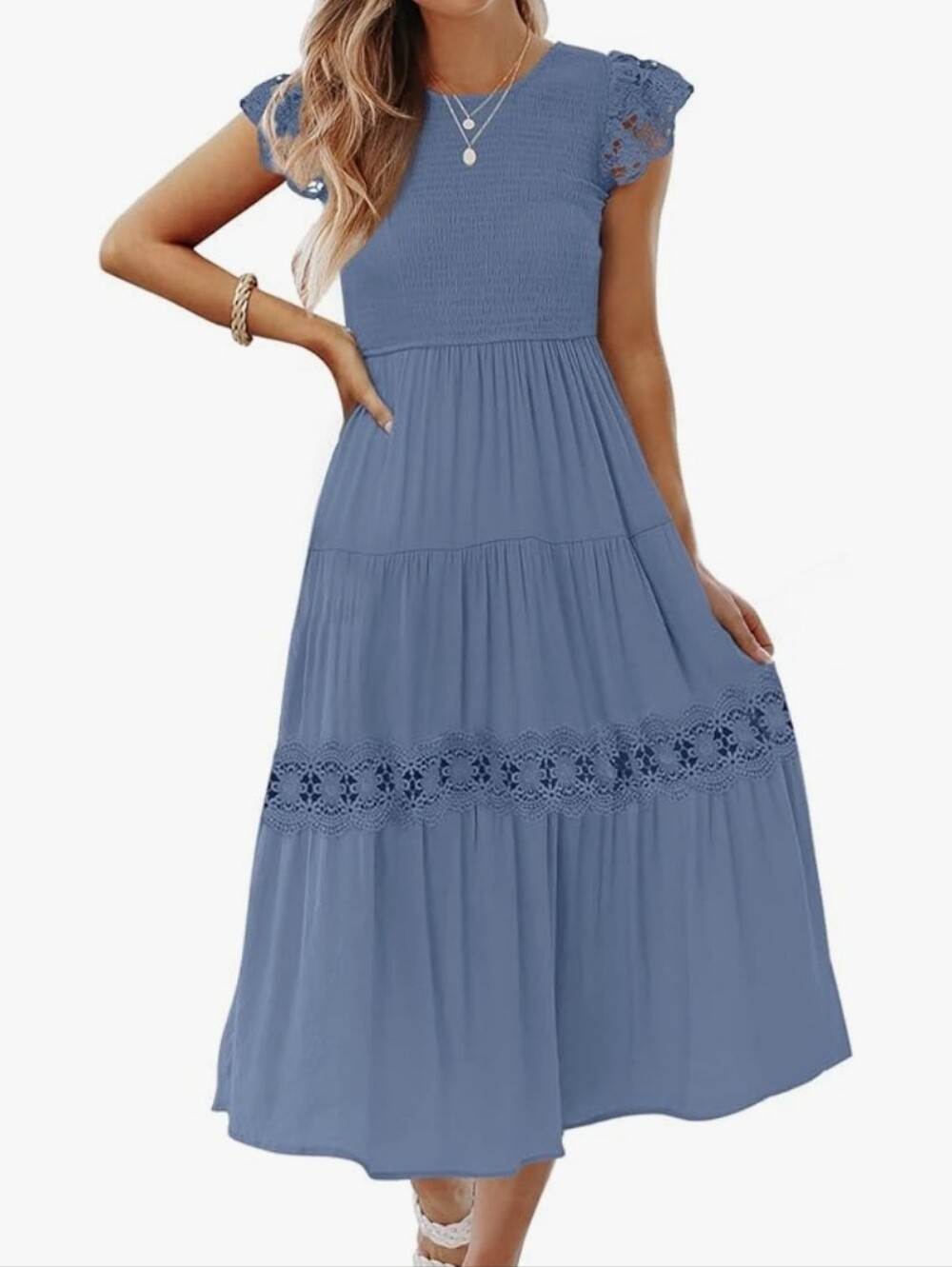 Smocked Bodice Lace-Trim Midi Dress in Dusty Blue